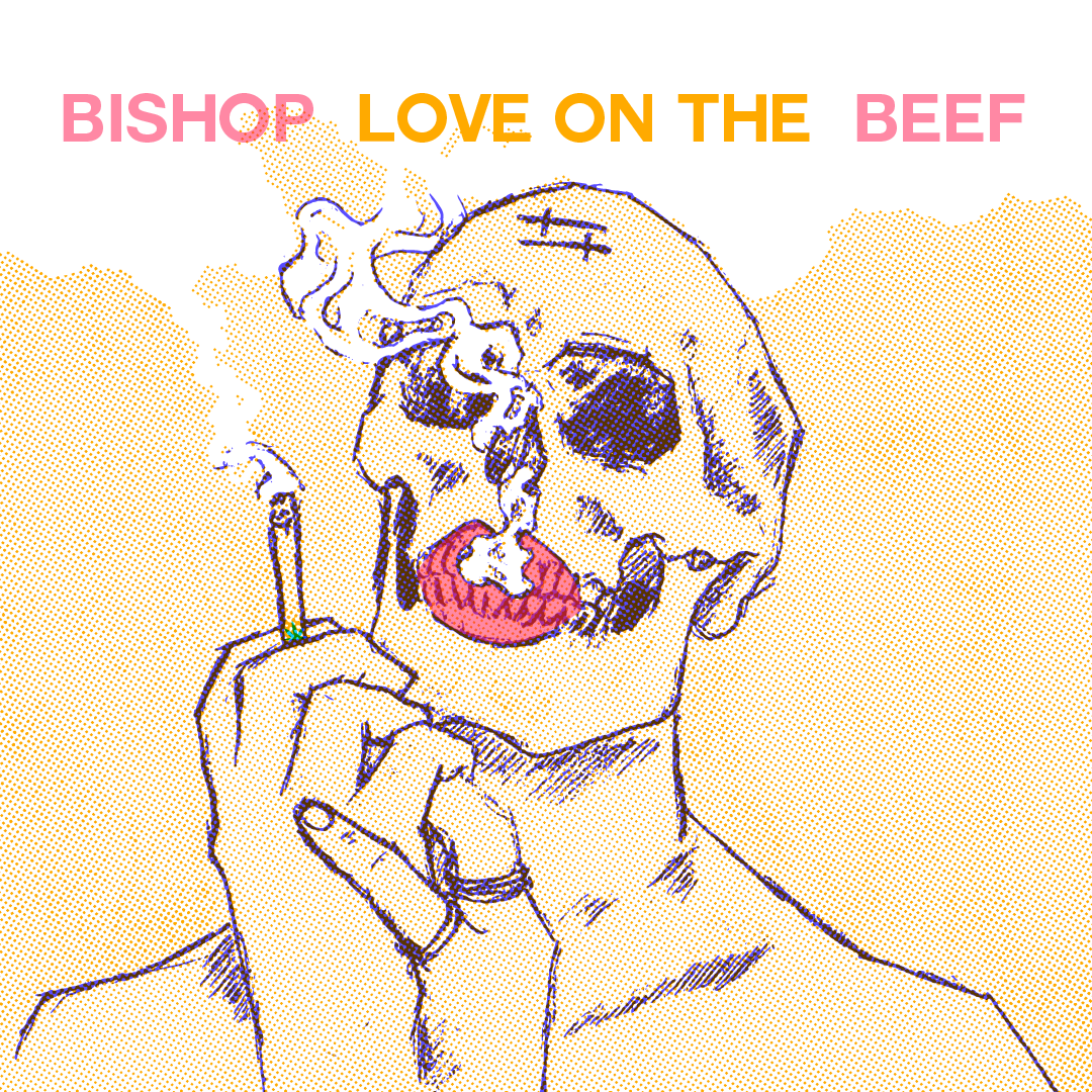 Love on the Beef art with a skeleton holding a cigarette and wearing lipstick.
